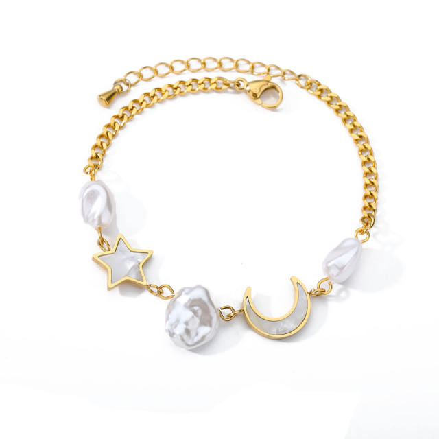 Stainless steel moon star pearl bracelet