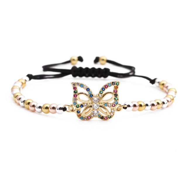 Butterfly with cubic zirconia gold bead bracelet