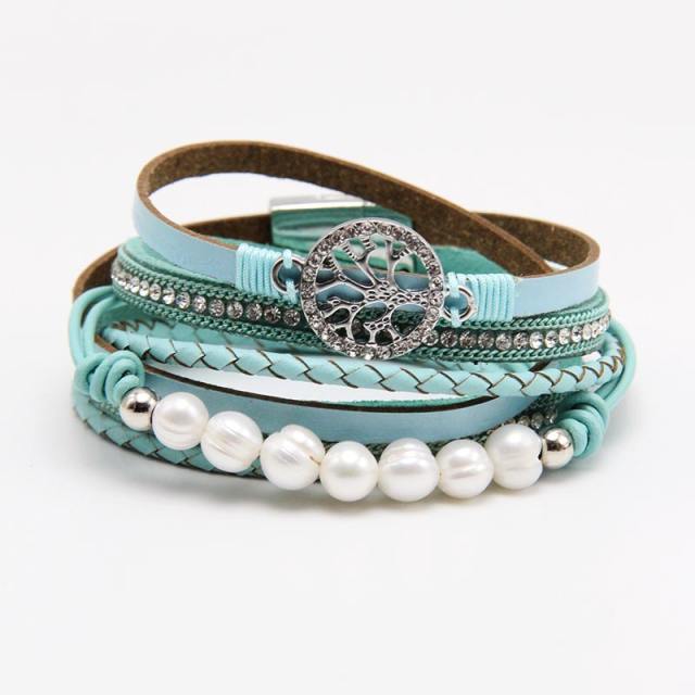 Women's multilayers tree of life pearl braided leather wrap bracelet