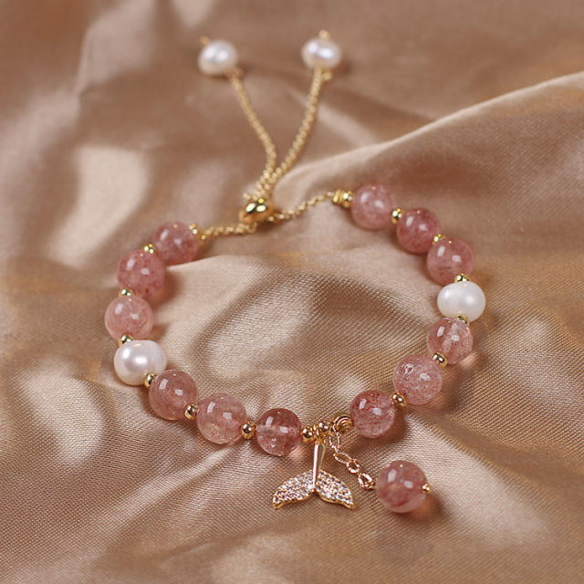 Whale tail strawberry rose quartz natural pearl bracelet