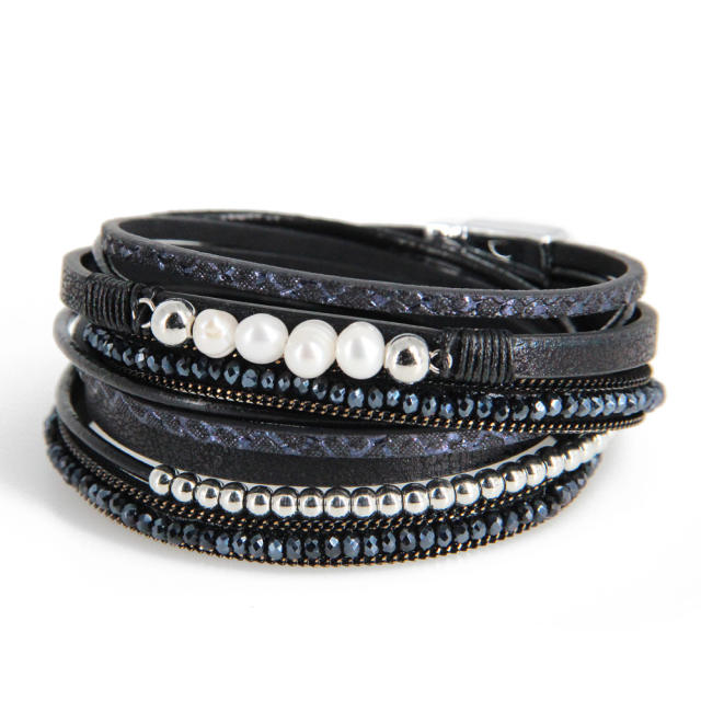 Women's multilayers pearl leather wrap bracelet