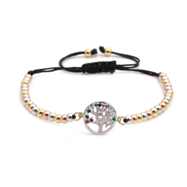 Crown tree of life with cubic zirconia gold bead bracelet