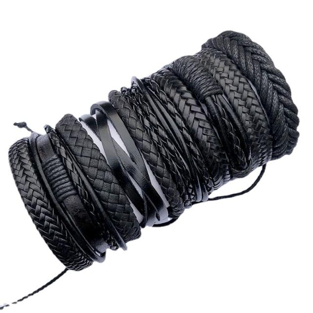 Simile black hand weaving leather wrap bracelets 10pcs set