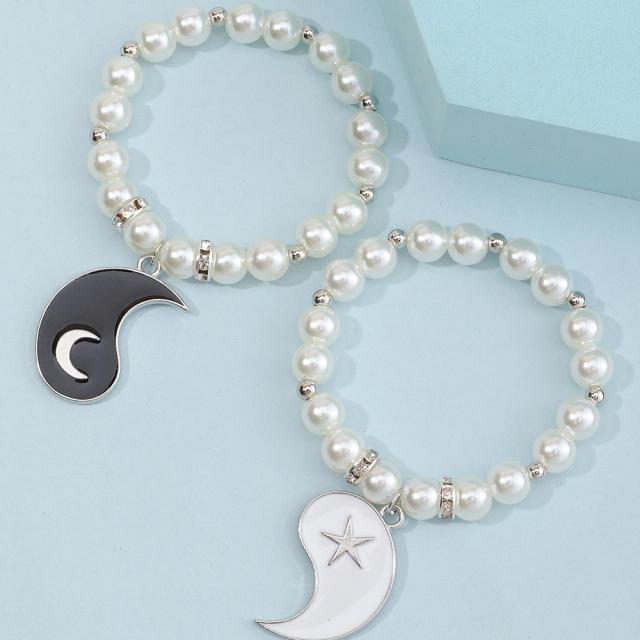 Taiji charm pearl bracelet 2 pcs set