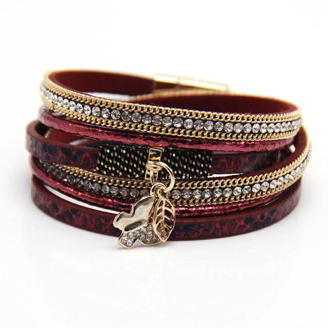 Women's multilayers butterfly charm leather wrap bracelet