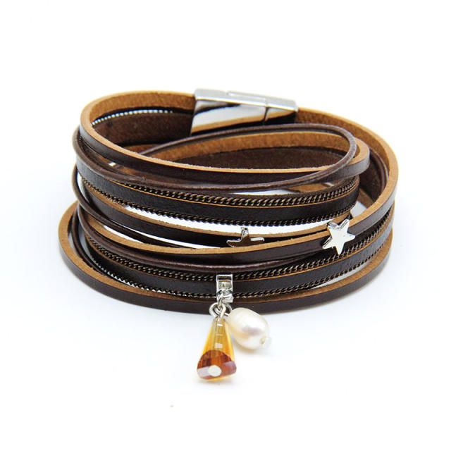 Women's multilayers pearl leather wrap bracelet