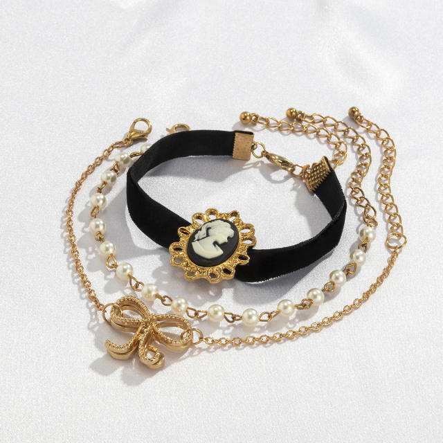 Bow pearl cloths bracelet 3 pcs set