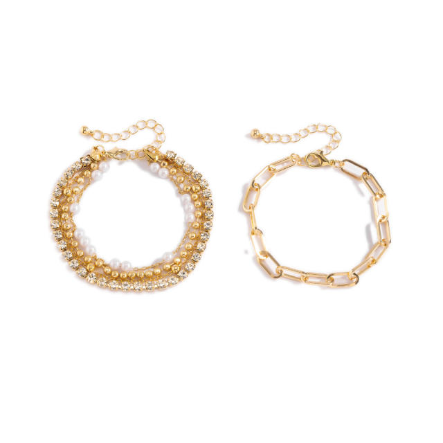 Multilayers pearl gold bead bracelet 2 pcs set