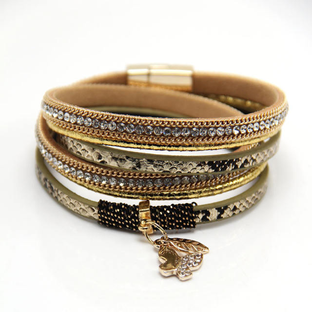 Women's multilayers butterfly charm leather wrap bracelet