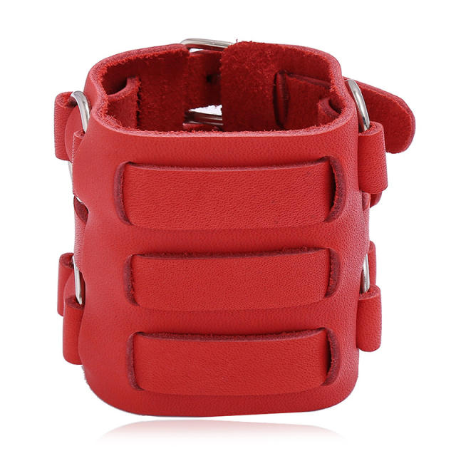 Three rows belt buckle leather cuff bracelet