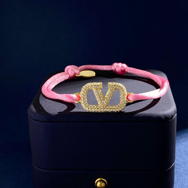 Rhinestone V letter colorful rope string bracelet