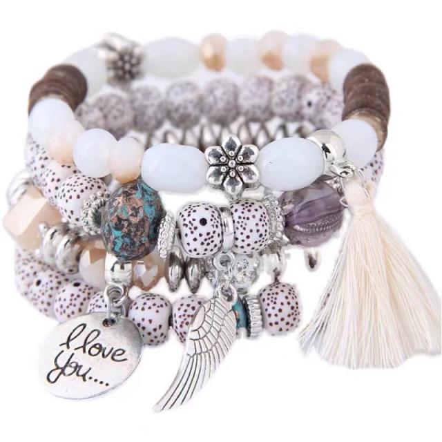 Boho opal stone love tag beaded bracelet set