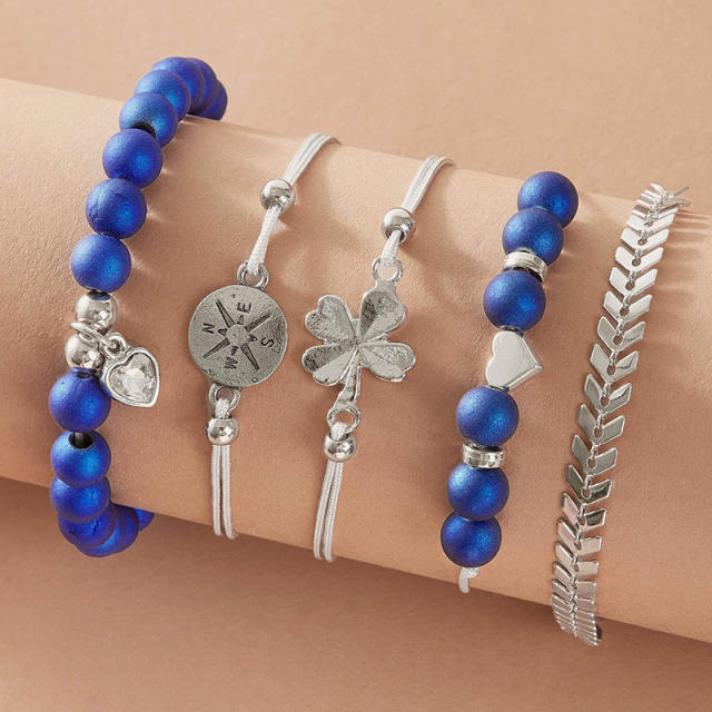 5pcs clover blue heart beads bracelet set