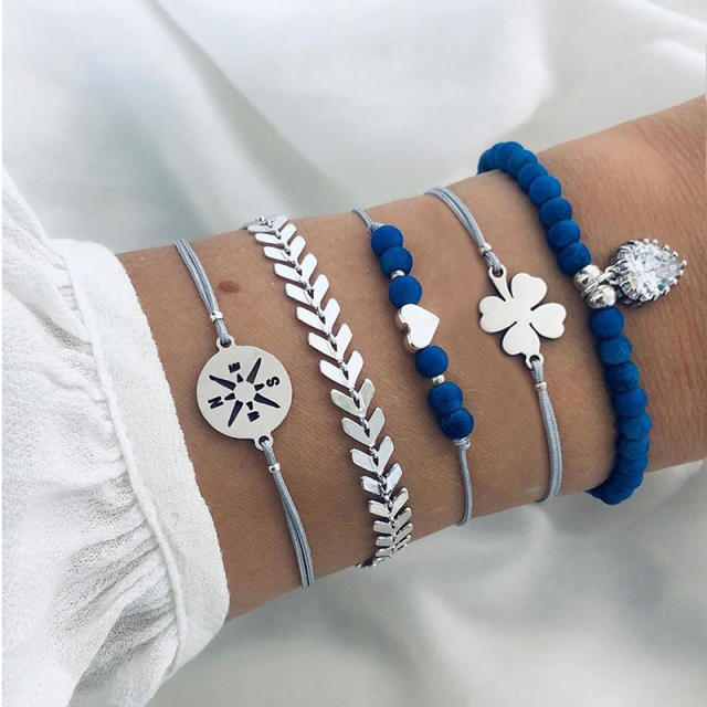 5pcs clover blue heart beads bracelet set