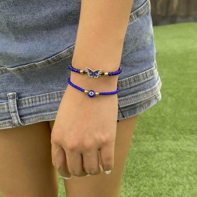 Boho blue color seed beads braided butterfly evil eye bracelet set