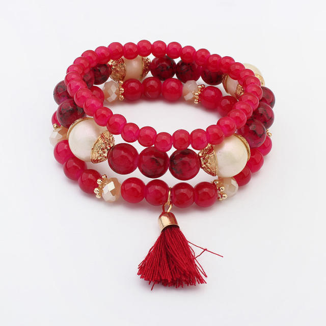 Boho three layer beaded tassel elastic bracelet set