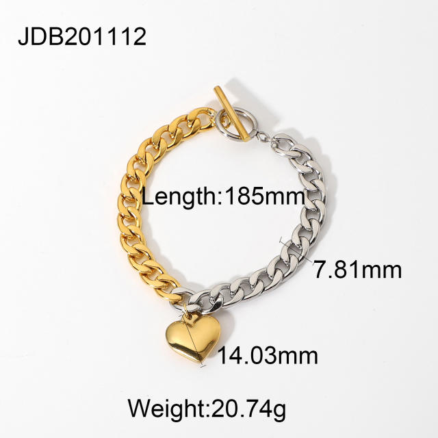 18KG stainless steel two tone heart charm bracelet