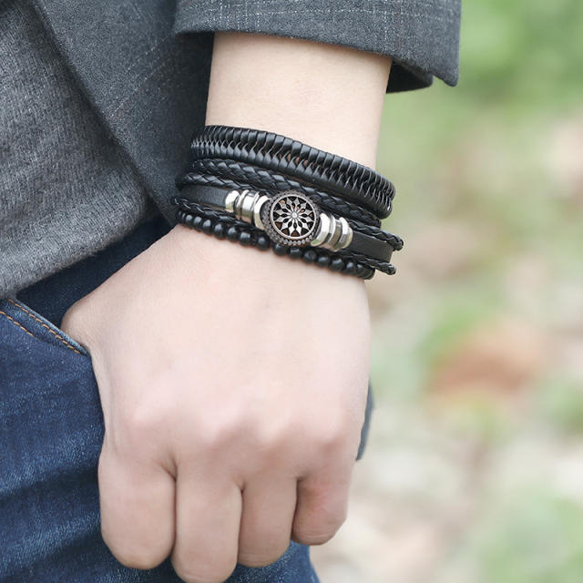 4PCS Black color PU leather men's bracelet