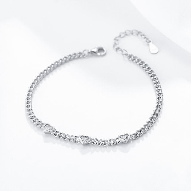 S925 heart cz cuban chain bracelet
