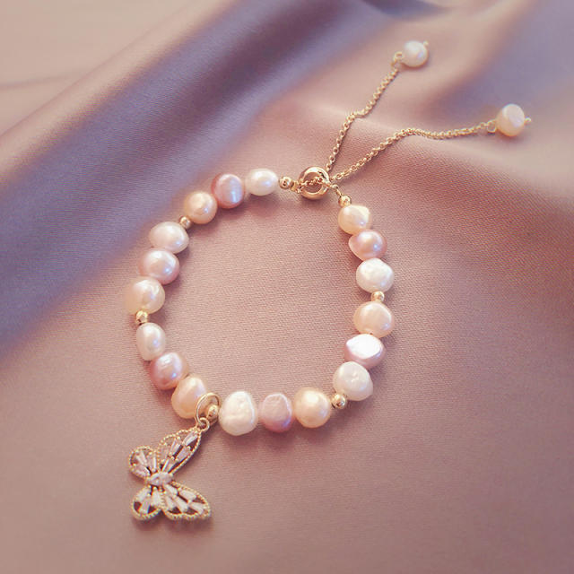 Baroque pearl butterfly charm slide bracelet