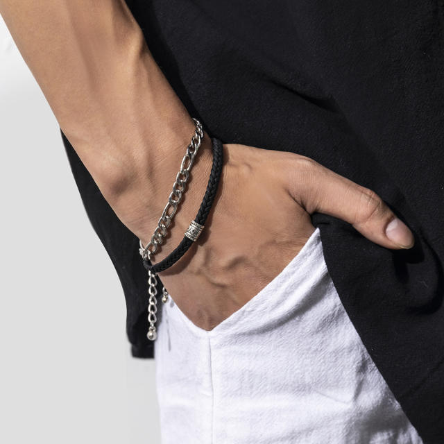 Two layer figaro chain PU leather mens bracelet