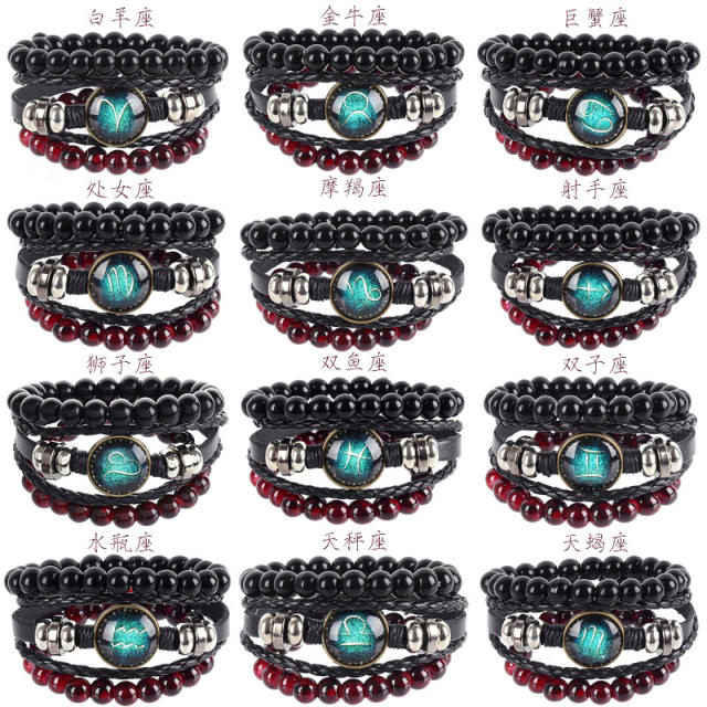 Zodiac series beaded leather bracelet