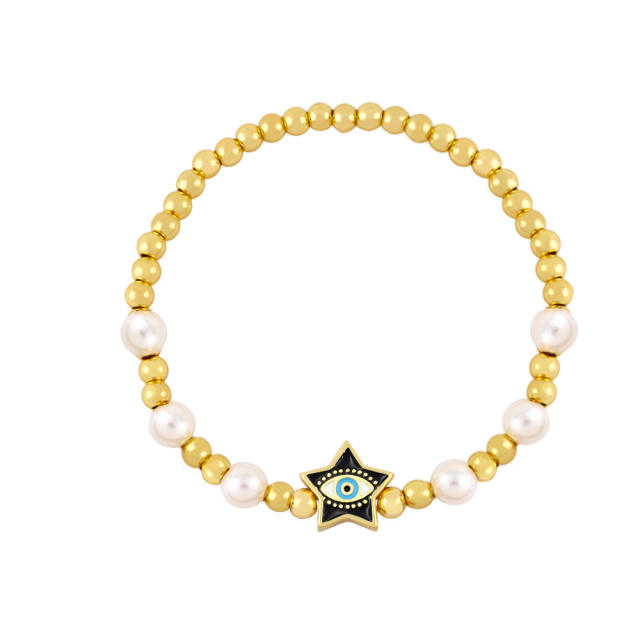 Enamel star evil eye pearl beaded bracelet