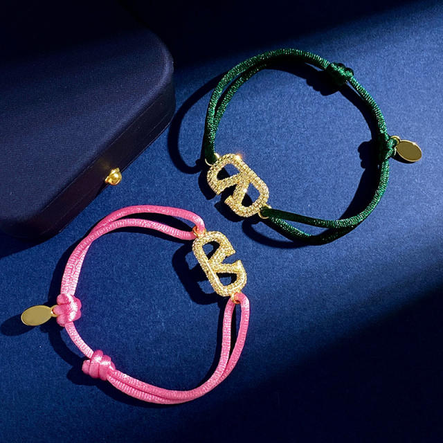 Rhinestone V letter colorful rope string bracelet