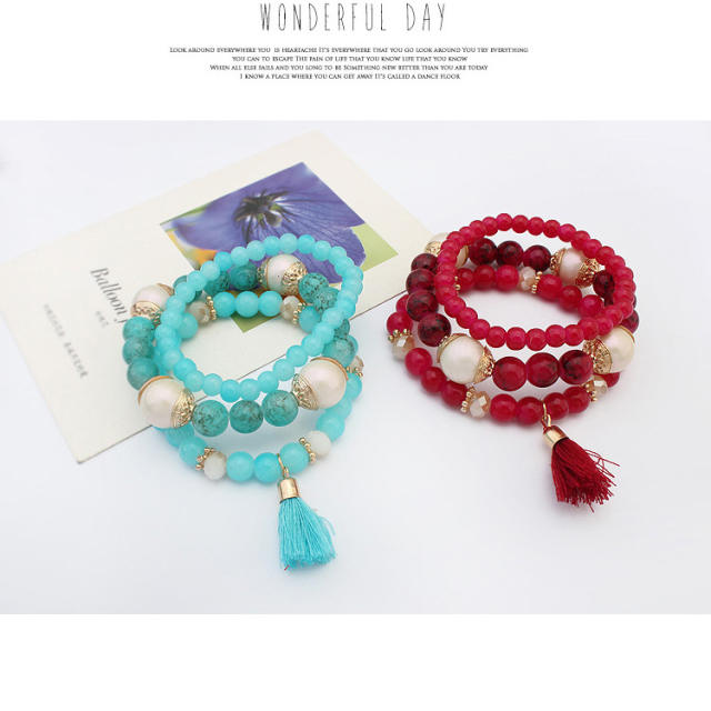 Boho three layer beaded tassel elastic bracelet set