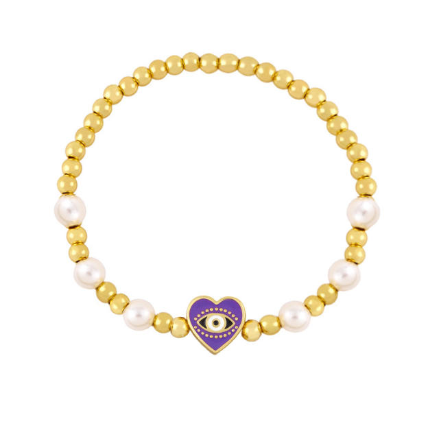 Enamel heart evil eye pearl bracelet