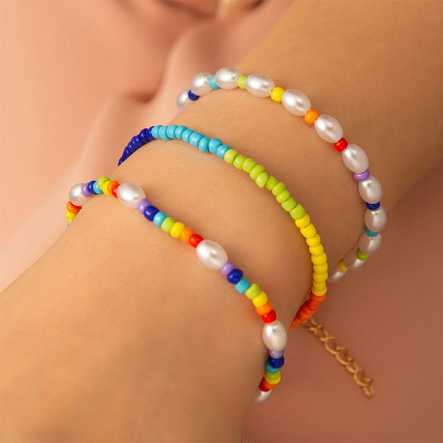 Boho color seed beads pearl bracelet set