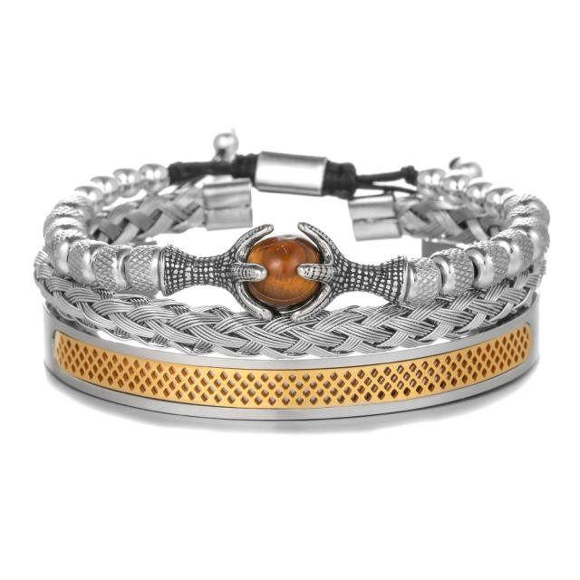 10mm tiger eye stone layer stainless steel bangle set for men