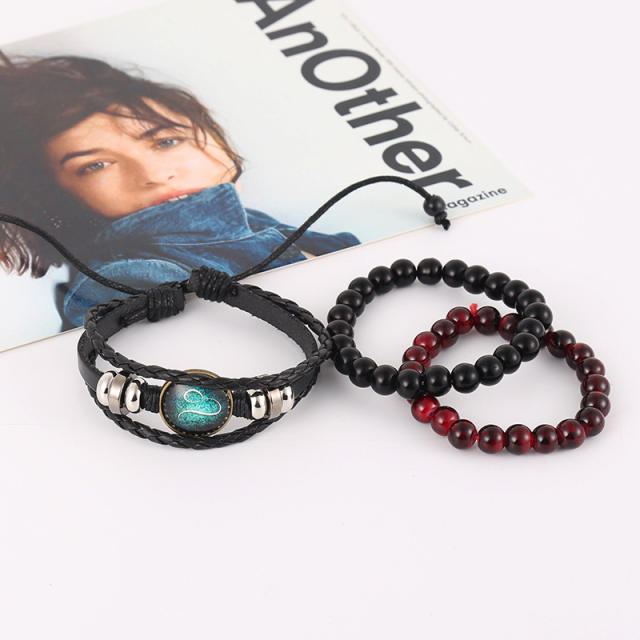 Zodiac series beaded leather bracelet