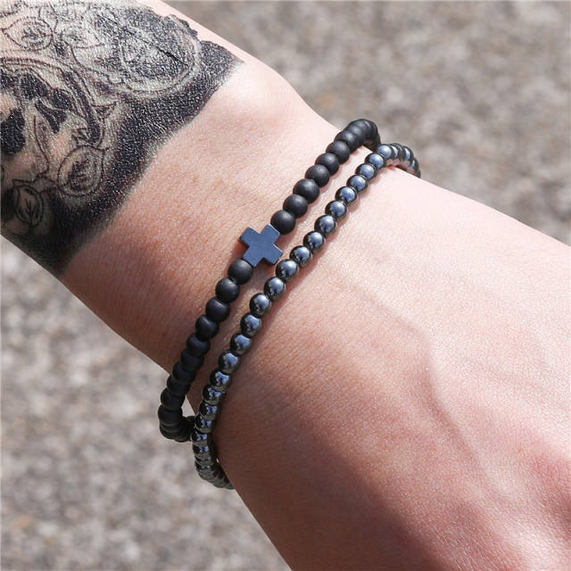4mm black beaded elastic bracelet for men