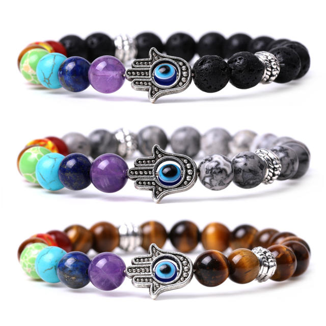 Fatima hand evil eye natural stone beaded bracelet