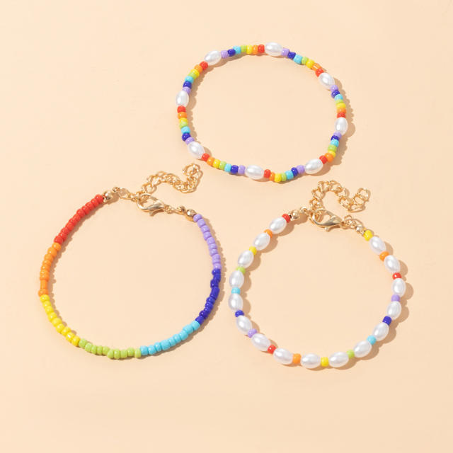 Boho color seed beads pearl bracelet set