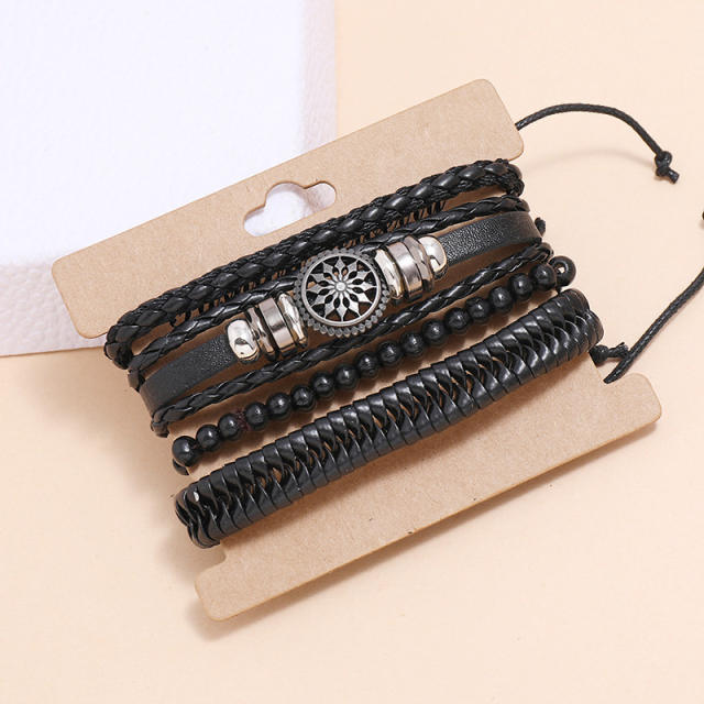 4PCS Black color PU leather men's bracelet