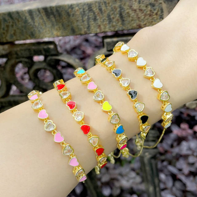 Color enamel heart cubic zircon slide bracelet