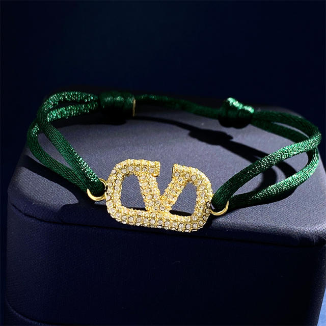 Rhinestone V letter colorful rope string bracelet