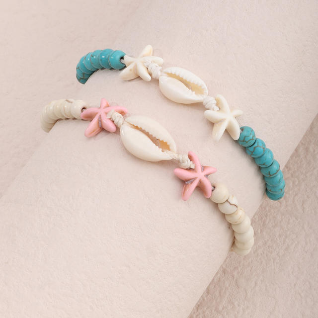 Boho turquoise beaded shell bracelet