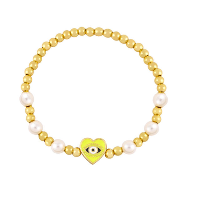 Enamel heart evil eye pearl bracelet