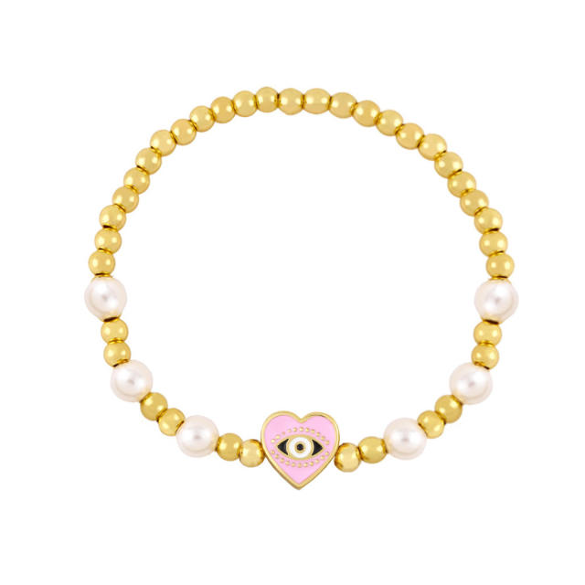 Enamel heart evil eye pearl bracelet