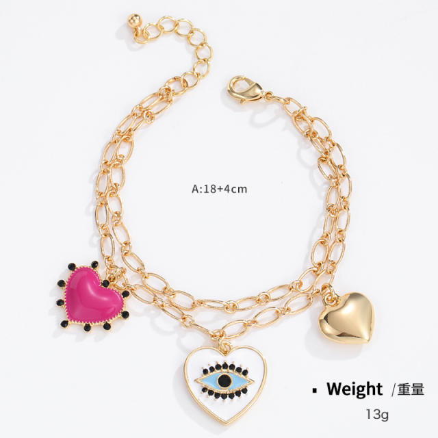 Enamel heart charm evil eye chain bracelet