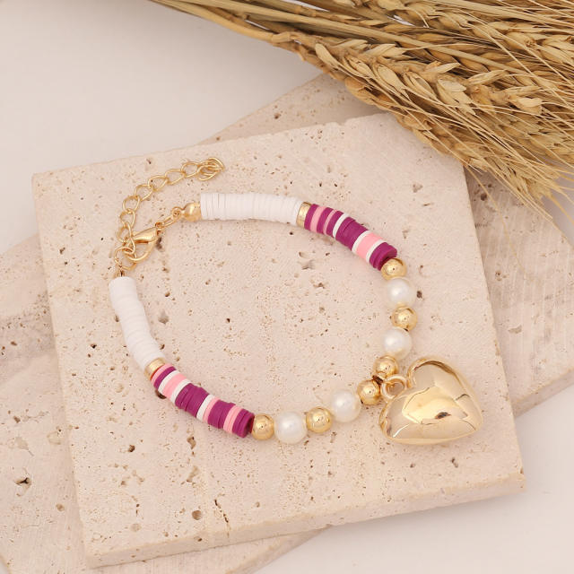 Boho heishi beads heart charm bracelet