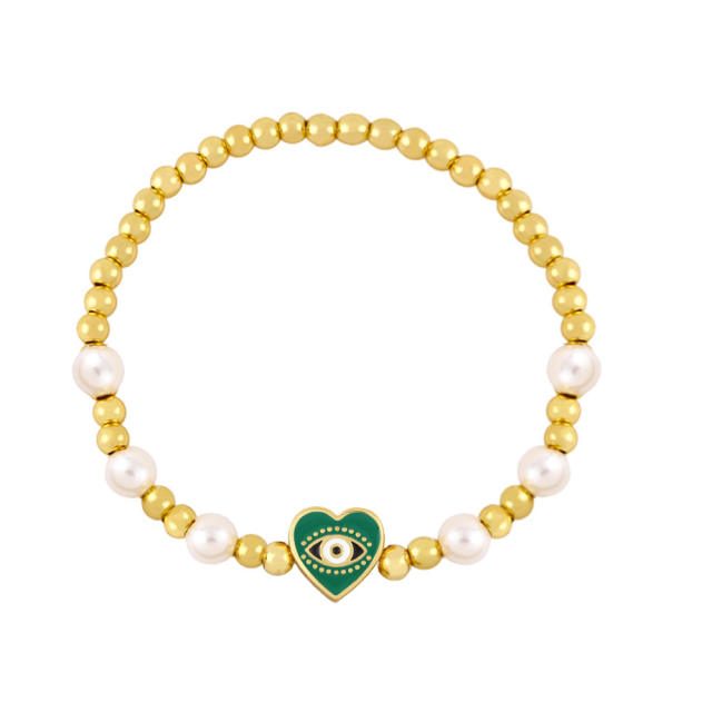 Enamel heart evil eye pearl bracelet