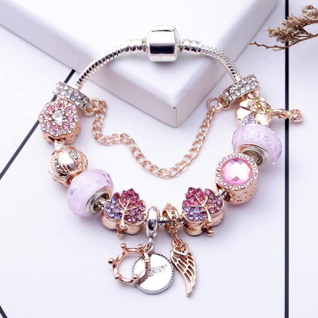 Luxury pink color sereis opal flower charm DIY bracelet