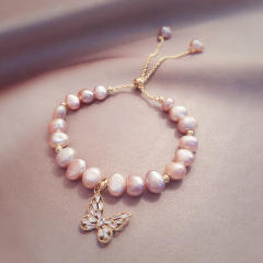Baroque pearl butterfly charm slide bracelet