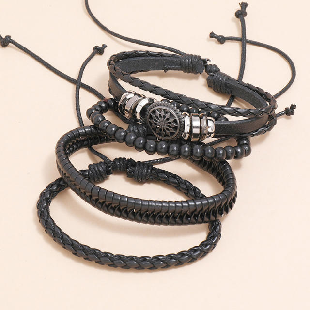 4PCS Black color PU leather men's bracelet