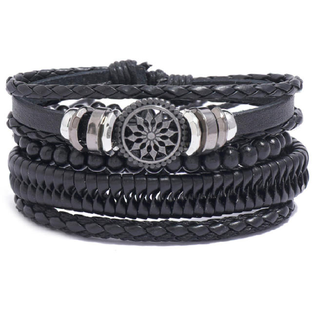 4PCS Black color PU leather men's bracelet