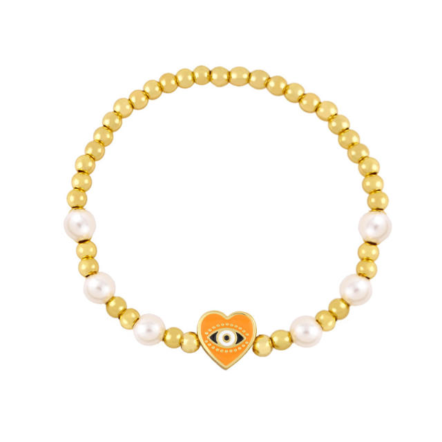 Enamel heart evil eye pearl bracelet